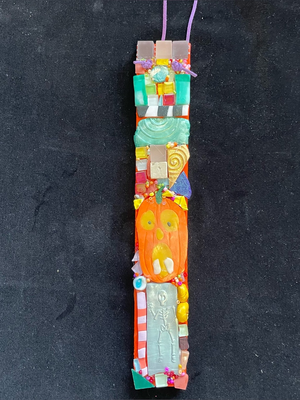 Handmade Mosaic Halloween Time 3 Polymer Clay & Glass Original Art  Wood 12”x 2